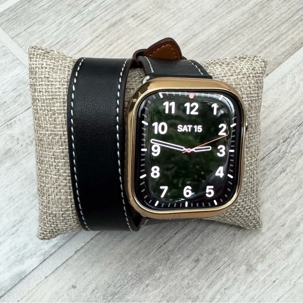 Gold Case Black Leather Wrap Wristband for Smartwatch